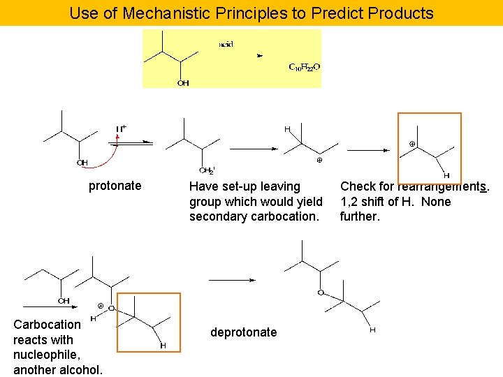 Use of Mechanistic Principles to Predict Products protonate Carbocation reacts with nucleophile, another alcohol.