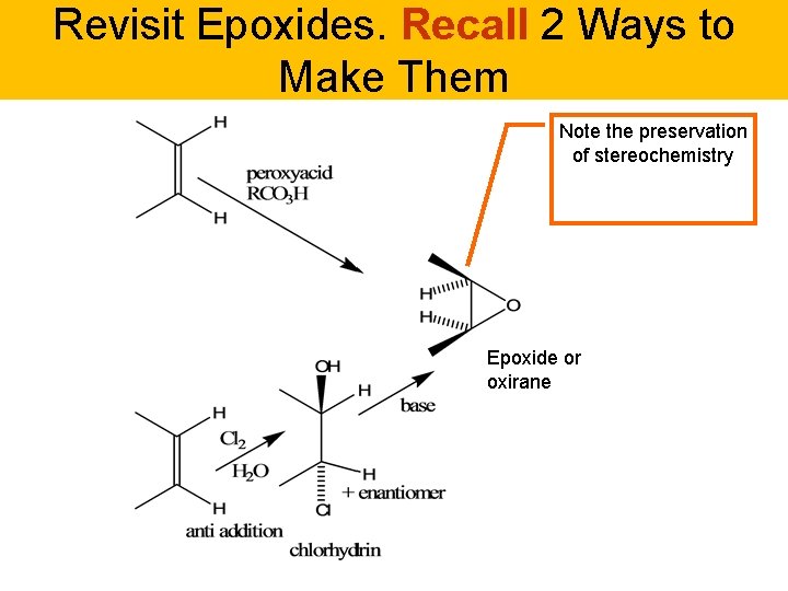 Revisit Epoxides. Recall 2 Ways to Make Them Note the preservation of stereochemistry Epoxide