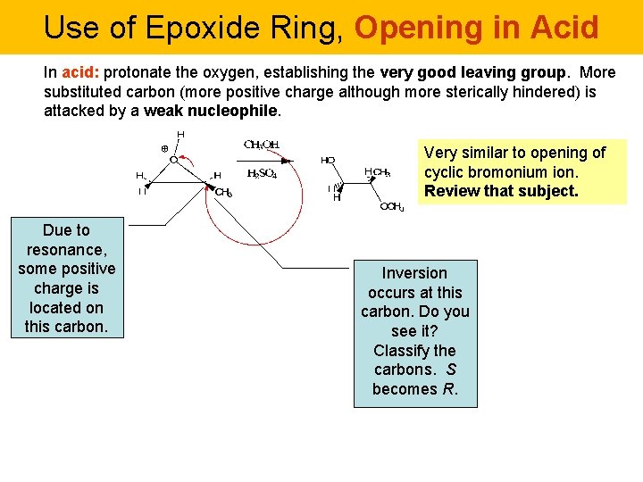Use of Epoxide Ring, Opening in Acid In acid: protonate the oxygen, establishing the