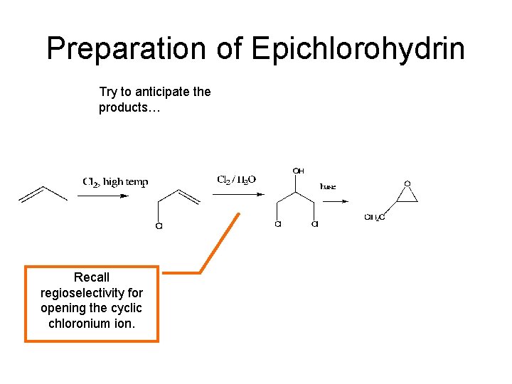 Preparation of Epichlorohydrin Try to anticipate the products… Recall regioselectivity for opening the cyclic