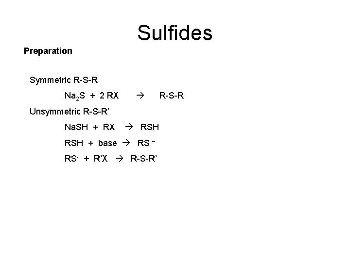 Sulfides Preparation Symmetric R-S-R Na 2 S + 2 RX Unsymmetric R-S-R’ Na. SH