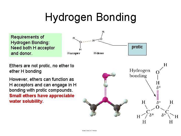 Hydrogen Bonding Requirements of Hydrogen Bonding: Need both H acceptor and donor. Ethers are