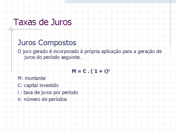 Taxas de Juros Compostos O juro gerado é incorporado à própria aplicação para a