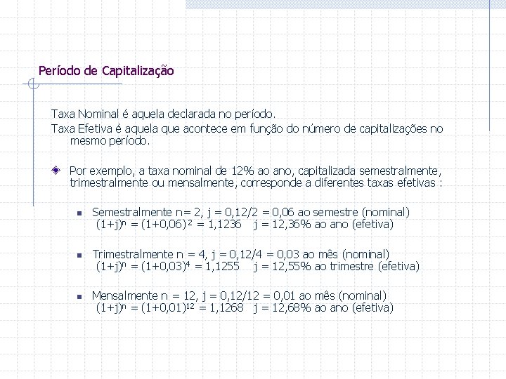 Período de Capitalização Taxa Nominal é aquela declarada no período. Taxa Efetiva é aquela