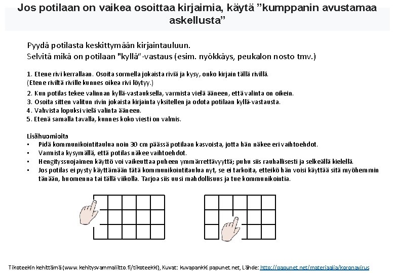 Jos potilaan on vaikea osoittaa kirjaimia, käytä ”kumppanin avustamaa askellusta” Pyydä potilasta keskittymään kirjaintauluun.