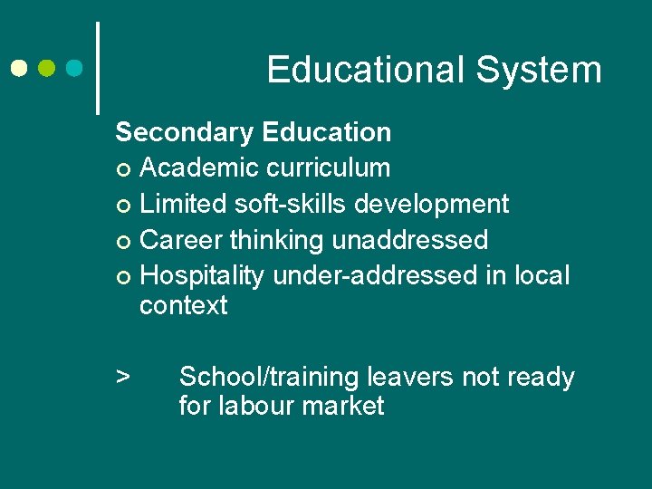 Educational System Secondary Education ¢ Academic curriculum ¢ Limited soft-skills development ¢ Career thinking