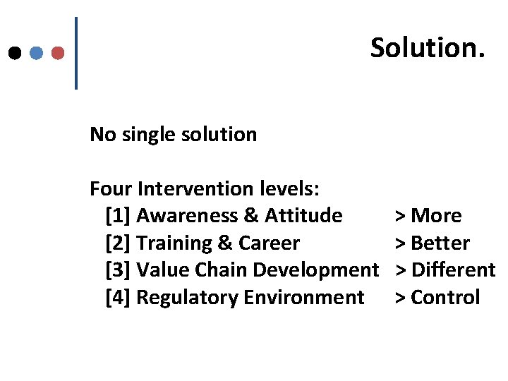 Solution. No single solution Four Intervention levels: [1] Awareness & Attitude [2] Training &