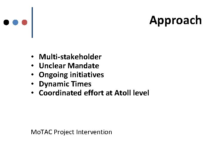 Approach • • • Multi-stakeholder Unclear Mandate Ongoing initiatives Dynamic Times Coordinated effort at