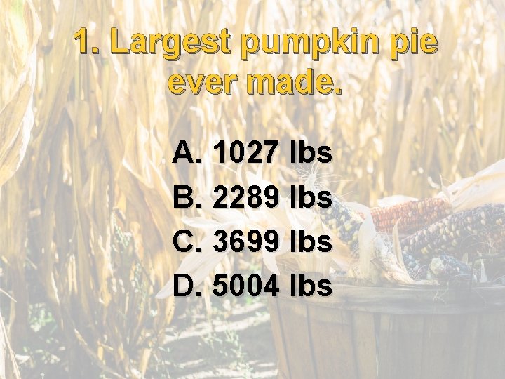 1. Largest pumpkin pie ever made. A. 1027 lbs B. 2289 lbs C. 3699