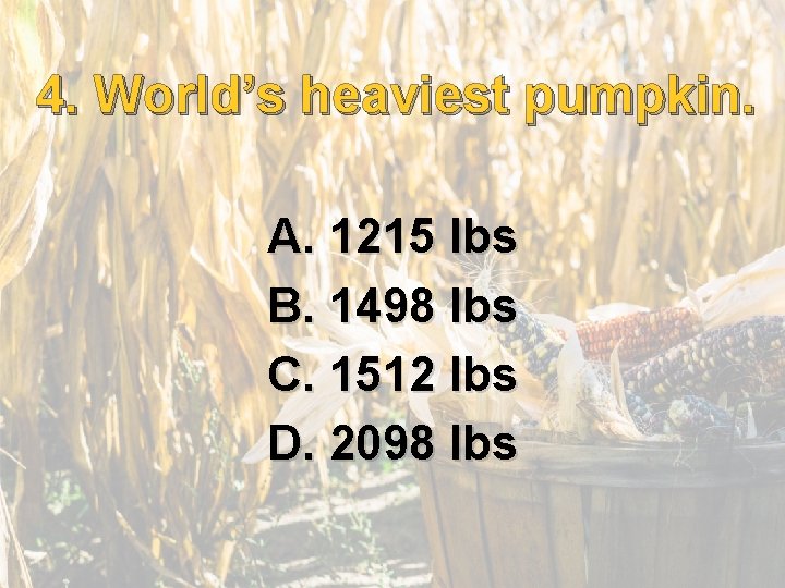 4. . World’s heaviest pumpkin. 4 A. 1215 lbs B. 1498 lbs C. 1512