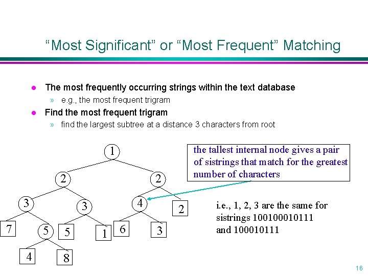 “Most Significant” or “Most Frequent” Matching l The most frequently occurring strings within the “Most Significant” or “Most Frequent” Matching l The most frequently occurring strings within the