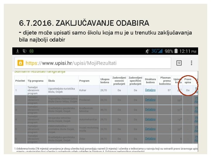 6. 7. 2016. ZAKLJUČAVANJE ODABIRA - dijete može upisati samo školu koja mu je