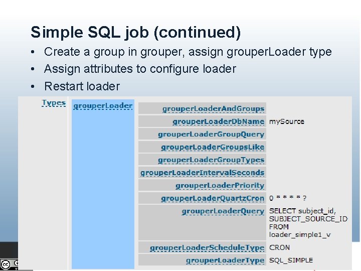 Simple SQL job (continued) • Create a group in grouper, assign grouper. Loader type