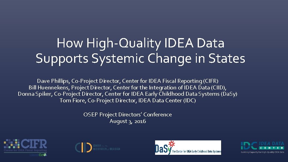 How High-Quality IDEA Data Supports Systemic Change in States Dave Phillips, Co-Project Director, Center