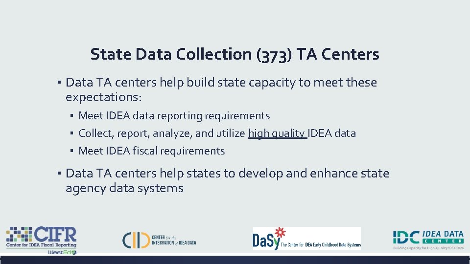 State Data Collection (373) TA Centers ▪ Data TA centers help build state capacity