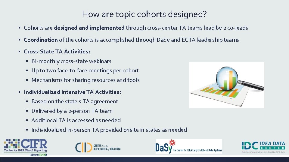 How are topic cohorts designed? ▪ Cohorts are designed and implemented through cross-center TA