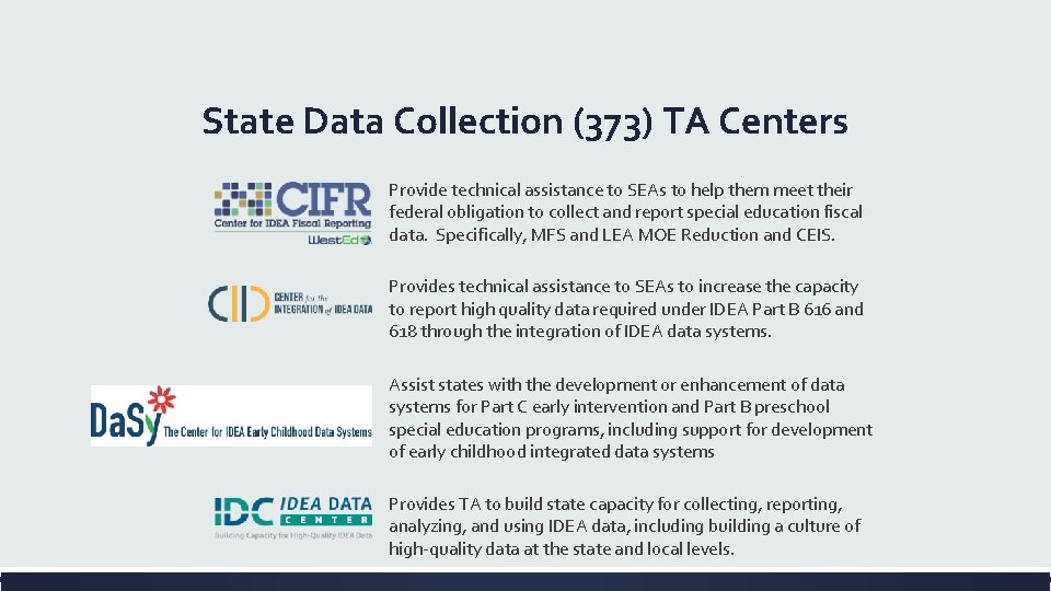 State Data Collection (373) TA Centers Provide technical assistance to SEAs to help them