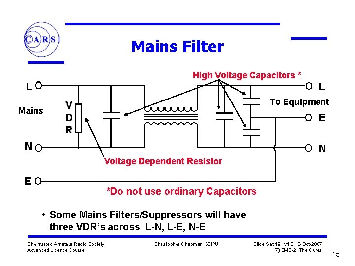 Mains Filter High Voltage Capacitors * To Equipment Mains Voltage Dependent Resistor *Do not