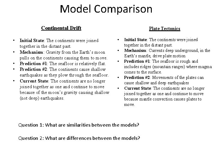 Model Comparison Continental Drift • • • Initial State: The continents were joined together