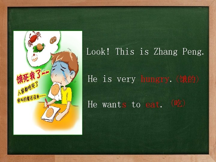 Look! This is Zhang Peng. He is very hungry. (饿的) He wants to eat.