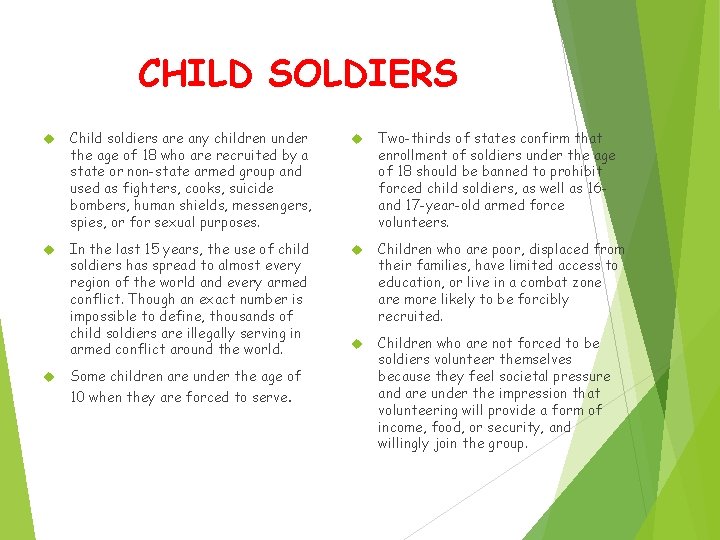 CHILD SOLDIERS Child soldiers are any children under the age of 18 who are