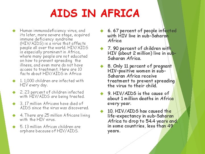 AIDS IN AFRICA Human immunodeficiency virus, and its later, more severe stage, acquired immune