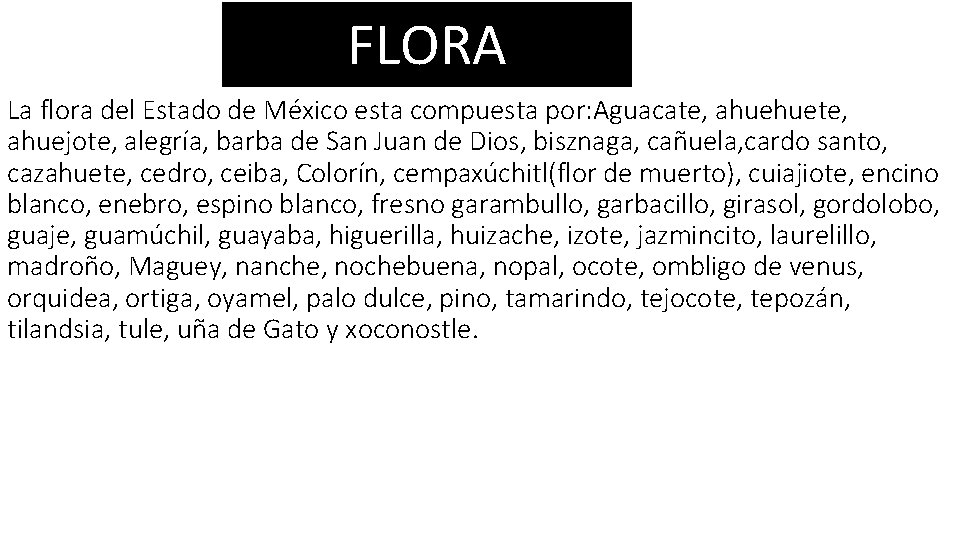 FLORA La flora del Estado de México esta compuesta por: Aguacate, ahuehuete, ahuejote, alegría,