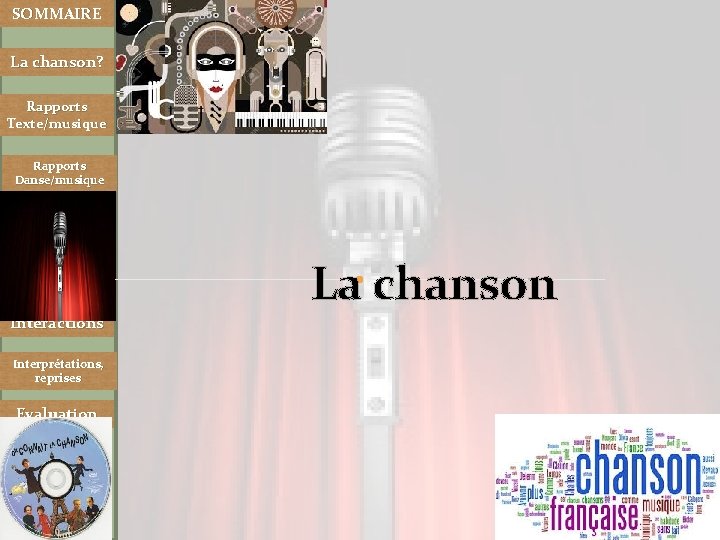 SOMMAIRE La chanson? Rapports Texte/musique Rapports Danse/musique La chanson Interactions Interprétations, reprises Evaluation 