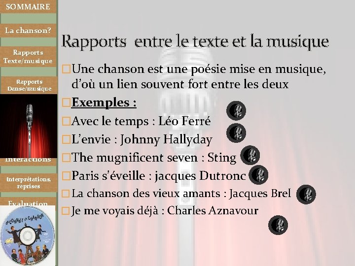 SOMMAIRE La chanson? Rapports Texte/musique Rapports Danse/musique Interactions Interprétations, reprises Evaluation Rapports entre le