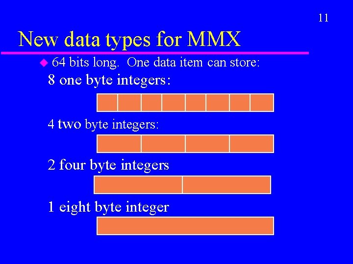 11 New data types for MMX u 64 bits long. One data item can