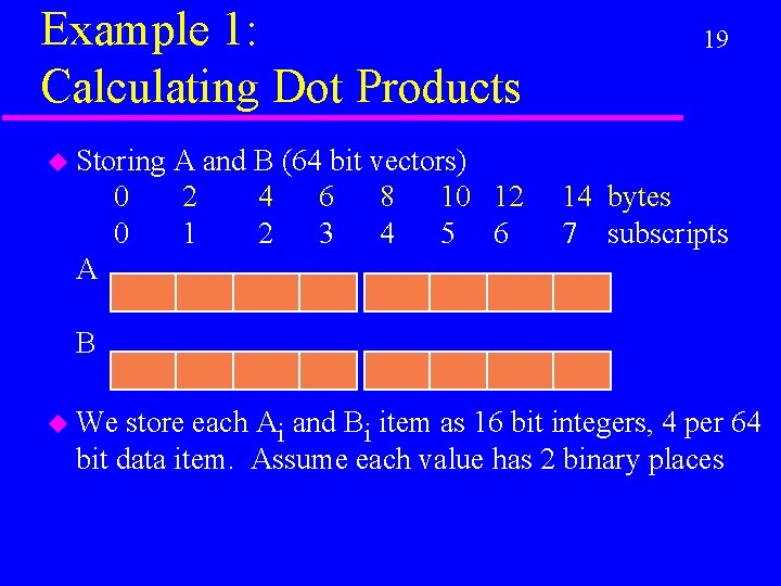 Example 1: Calculating Dot Products u Storing 0 0 A and B (64 bit