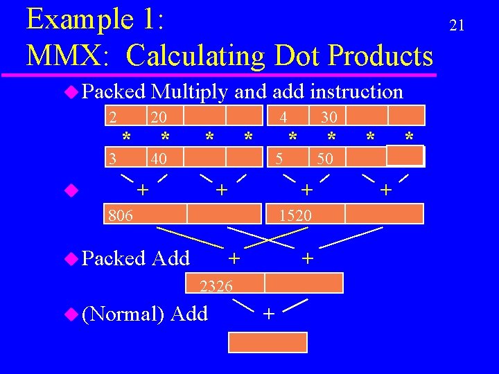 Example 1: MMX: Calculating Dot Products u Packed Multiply 2 20 3 * *