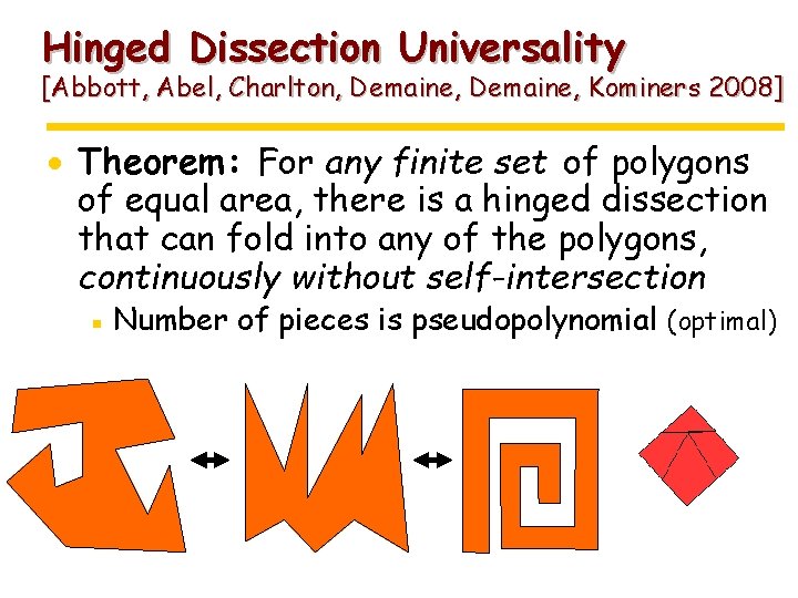 Hinged Dissection Universality [Abbott, Abel, Charlton, Demaine, Kominers 2008] · Theorem: For any finite