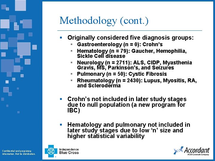 Methodology (cont. ) § Originally considered five diagnosis groups: § Gastroenterology (n = 0):