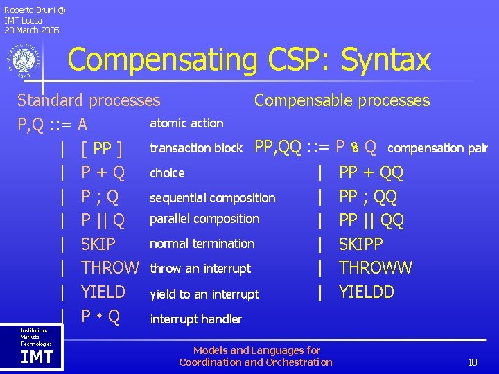 Roberto Bruni @ IMT Lucca 23 March 2005 Compensating CSP: Syntax Standard processes Compensable