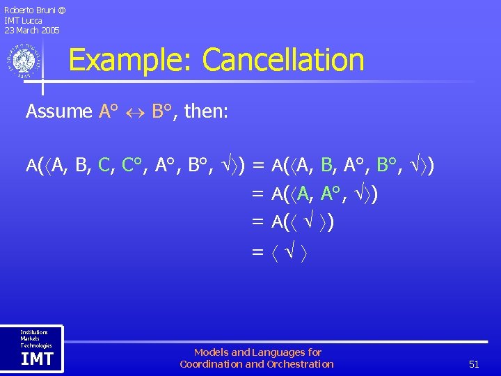 Roberto Bruni @ IMT Lucca 23 March 2005 Example: Cancellation Assume A° B°, then: