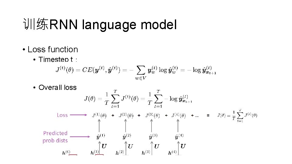 训练RNN language model • Loss function • Timestep t： • Overall loss 