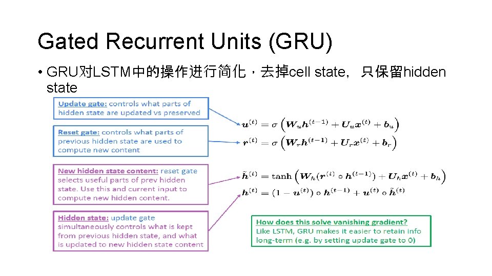 Gated Recurrent Units (GRU) • GRU对LSTM中的操作进行简化，去掉cell state，只保留hidden state 