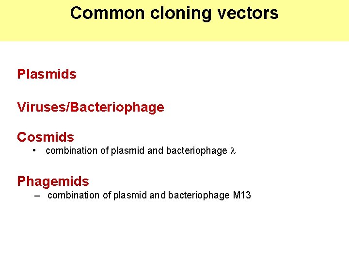 Common cloning vectors Plasmids Viruses/Bacteriophage Cosmids • combination of plasmid and bacteriophage l Phagemids