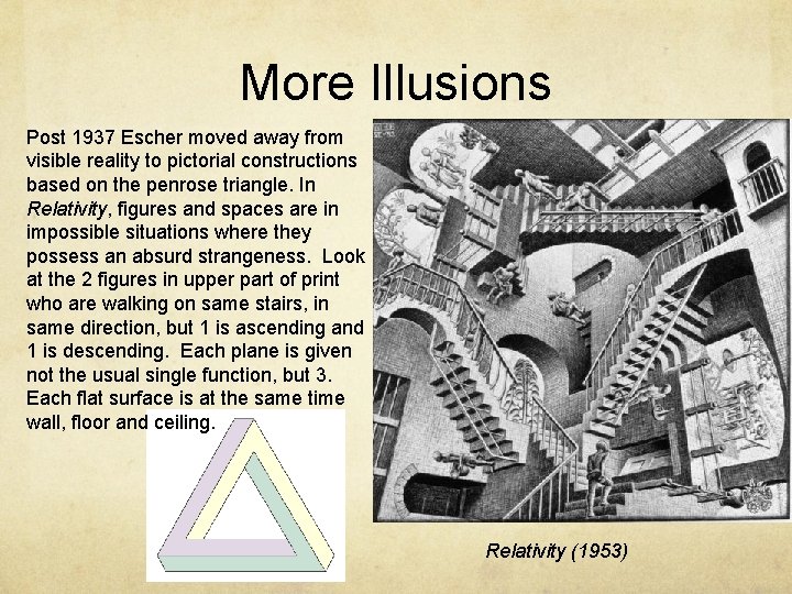 More Illusions Post 1937 Escher moved away from visible reality to pictorial constructions based