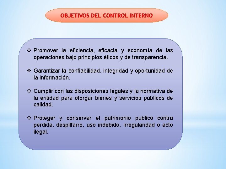 OBJETIVOS DEL CONTROL INTERNO v Promover la eficiencia, eficacia y economía de las operaciones