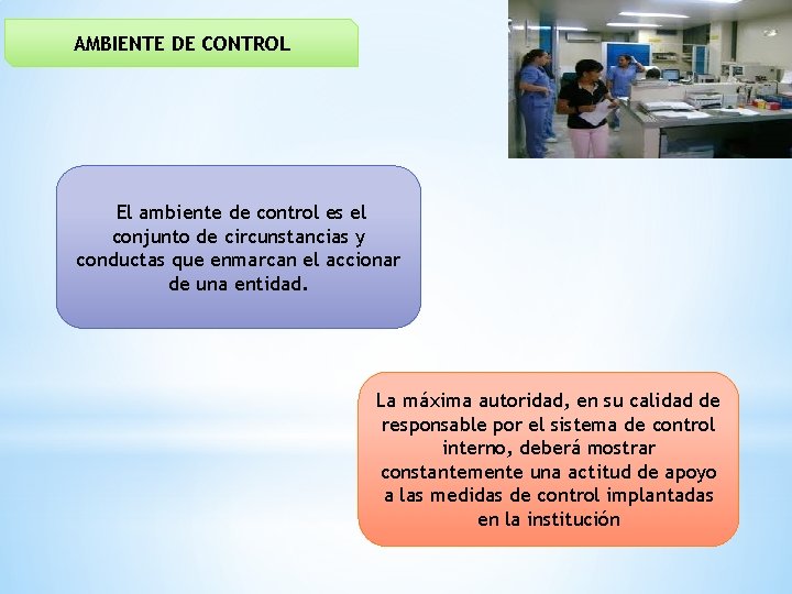 AMBIENTE DE CONTROL El ambiente de control es el conjunto de circunstancias y conductas