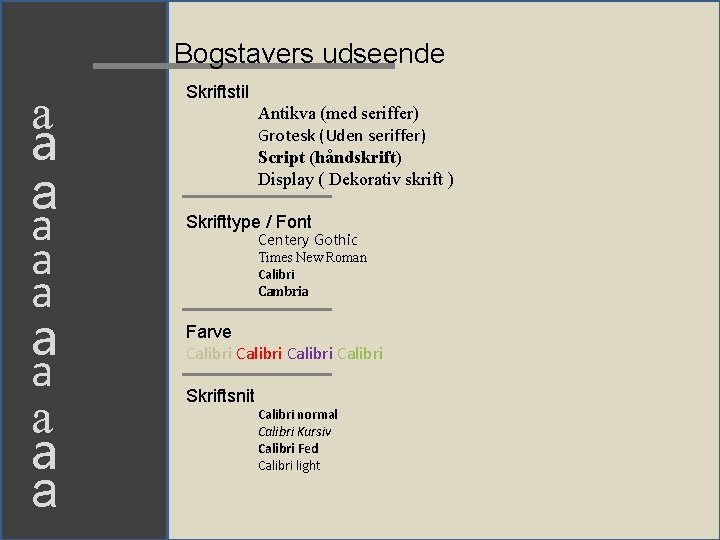 Bogstavers udseende a a a Skriftstil Antikva (med seriffer) Grotesk (Uden seriffer) Script (håndskrift)