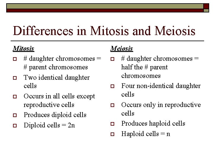 Differences in Mitosis and Meiosis Mitosis o # daughter chromosomes = # parent chromosomes Differences in Mitosis and Meiosis Mitosis o # daughter chromosomes = # parent chromosomes