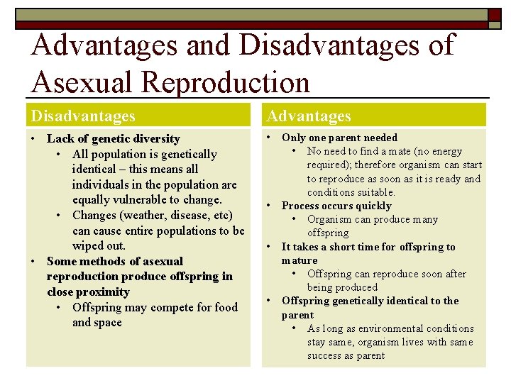 Advantages and Disadvantages of Asexual Reproduction Disadvantages Advantages • Lack of genetic diversity •