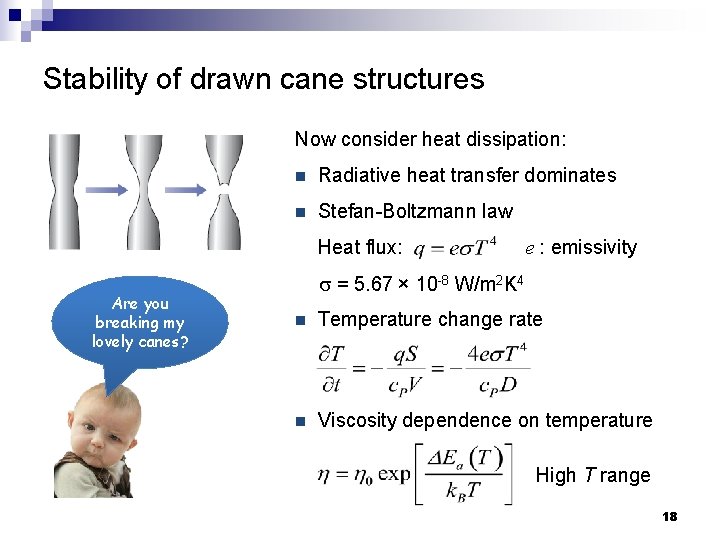 Stability of drawn cane structures Now consider heat dissipation: n Radiative heat transfer dominates