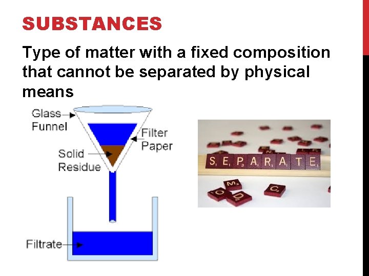 SUBSTANCES Type of matter with a fixed composition that cannot be separated by physical