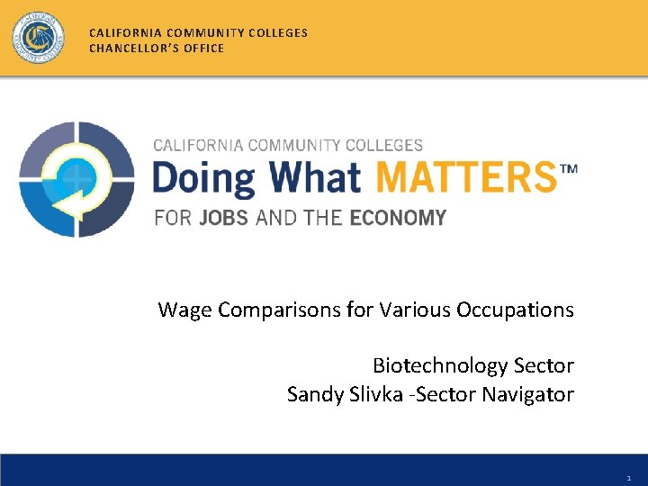 CALIFORNIA COMMUNITY COLLEGES CHANCELLOR’S OFFICE Wage Comparisons for Various Occupations Biotechnology Sector Sandy Slivka