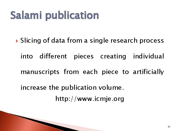 Salami publication Slicing of data from a single research process into different pieces creating