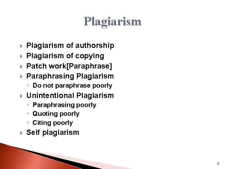 Plagiarism Plagiarism of authorship Plagiarism of copying Patch work[Paraphrase] Paraphrasing Plagiarism ◦ Do not